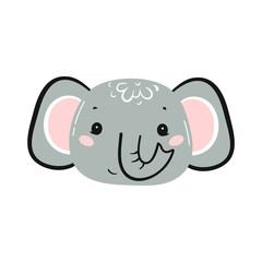 Cute Elephant Head Print Design for Kids. Little Baby Elephant Face. Doodle Cartoon Kawaii Animal Vector Illustration. Scandinavian Print or Poster Design, Baby Shower Greeting Card