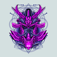 Mecha head samurai with sacred geometry pattern