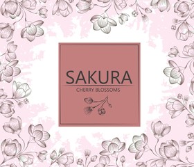 Cover, stencil for design. Vector with a retro cherry blossom on a white background. Illustration in the style of engraving. Space for your text.