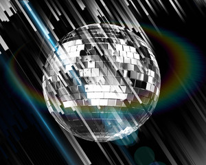 Abstract 3d illustration with render disco ball and blurred lines on black background and spotlight  effect.