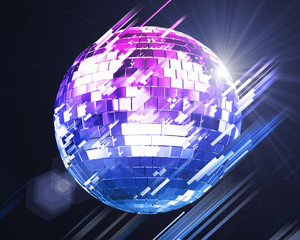 Abstract  illustration with color 3d disco ball and blurred  lines on black background in spot.