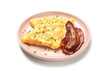 Plate with omelette and bacon isolated on white background