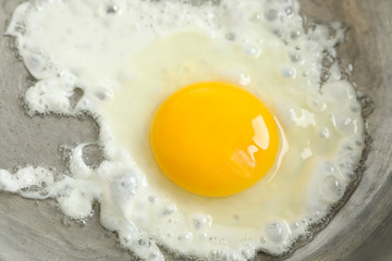 Delicious fried egg on pan, close up