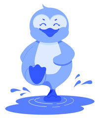 Little happy penguin is marching through the puddle. Water splashes fly in different directions. Children's illustration. Flat design. Cartoon.