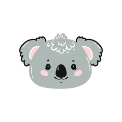 Cute Koala Head Print Design for Kids. Little Baby Koala Face. Doodle Cartoon Kawaii Animal Vector Illustration. Scandinavian Print or Poster Design, Baby Shower Greeting Card