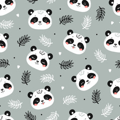 Cute Pandas. Little Baby Panda Bear Face and Tropical Leaves Floral Seamless Pattern. Black and White Chinese or Bamboo Bear Face. Kawaii Animal Heads Vector Childish Background for Kids Fashion