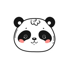 Cute Panda Head Print Design for Kids. Little Baby Panda Bear Face. Black and White Chinese or Bamboo Bear Face. Doodle Cartoon Kawaii Animal Vector Illustration. Scandinavian Print or Poster Design