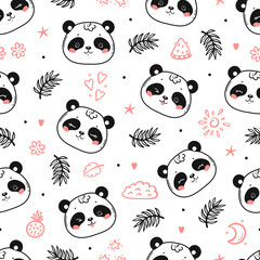 Summer Tropical Pattern with Cute Pandas. Little Baby Panda Bear Face Floral Seamless Pattern. Black and White Chinese or Bamboo Bear Face. Kawaii Animal Heads Vector Childish Background for Kids