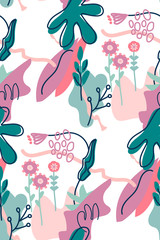 Seamless pattern abstract floral background. Hand drawn Leaves and flowers Vector Illustration for decoration, banner, poster, wrapping paper, textile, fabric, wallpaper, web design