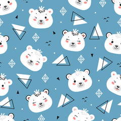 Vector Christmas Seamless Pattern with Polar Bear Heads and Ice Triangles. Little Baby White Teddy Bear Face Winter Background. New Year Holiday Wallpaper with Kawaii Animals