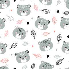 Cute Brown Bears. Little Baby Gray Teddy Bear Face and Leaves Floral Seamless Pattern. Kawaii Animal Heads Vector Childish Background for Kids Fashion Design. Print for Nursery Wallpaper, Baby Shower