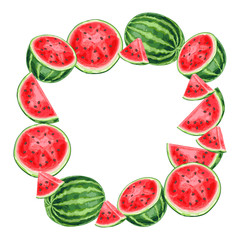 Frame with watermelons and slices.