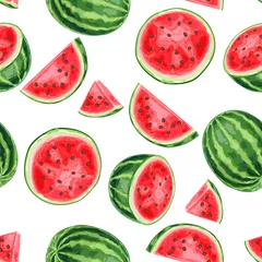 Fotobehang Watermeloen Naadloze patroon met watermeloenen en plakjes.