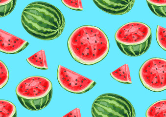 Seamless pattern with watermelons and slices.