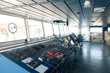The control room of ship's bridge. Gear, steering propeller, communication at sea and internal of vessel.