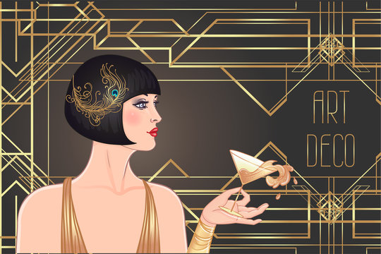 Female hand holding cocktail glass with splash. Art deco (1920's style) vintage invitation template design for drink list, bar menu, glamour event, thematic wedding, jazz party flyer. Vector art.