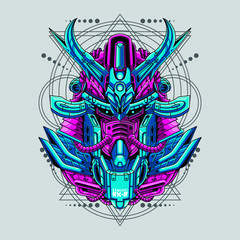 Mecha head samurai with sacred geometry pattern