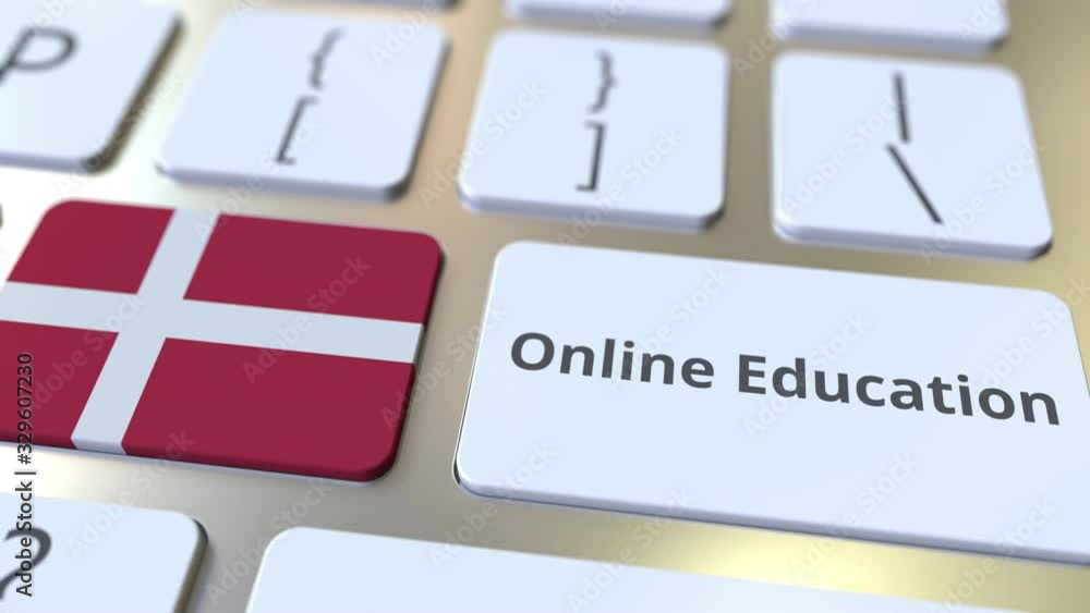 Aufkleber online education text and flag of denmark on the buttons on the computer keyboard. modern profession