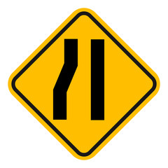 Road narrows on left. Traffic symbols. Yellow background.