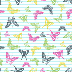 Flying butterfly silhouettes over striped background vector seamless pattern.