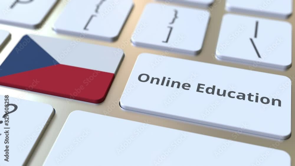Poster online education text and flag of the czech republic on the buttons on the computer keyboard. modern