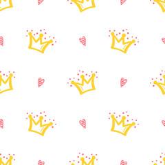 Cute Baby and Little Princess Background. Doodle Crown and Heart Seamless Pattern. Girl Power Fashion Pattern