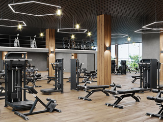 Modern gym interior with sport and fitness equipment, fitness center inteior, inteior of crossfit and workout gym, 3d rendering - obrazy, fototapety, plakaty