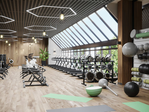 Modern gym interior with sport and fitness equipment and panoramic windows, fitness center inteior, inteior of crossfit and workout gym, 3d rendering