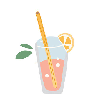 lemonade with bamboo straw in glass with slice of lemon and eco straw, flat design vector, isolated hand drawn illustration