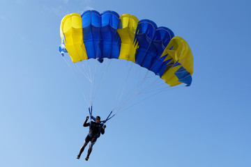 Skydiver is piloting a blue-yellow parachute.