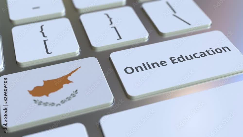 Poster online education text and flag of cyprus on the buttons on the computer keyboard. modern professiona