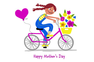 Mother's Day - Cute girl in dungarees with pigtails on a bike gives her mothers flowers - Card horizontal - Handdrawn illustration