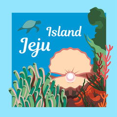 illustration of underwater world of jeju island. marine life of Jeju Island. Template for cards, banners and posters.