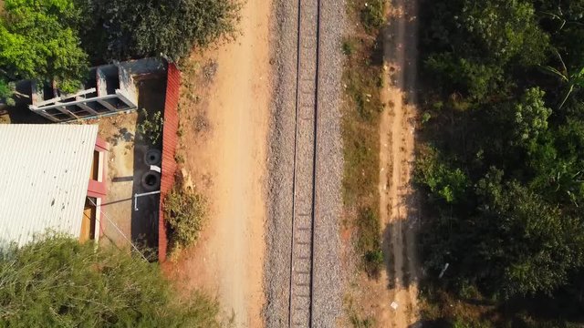 Battambang bamboo train railroad tracks, overhead aerial