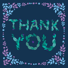 Square lettering with the text thank you from leaves and doodle leaves on a dark blue background, vector stock illustration with the word like invitation or greeting