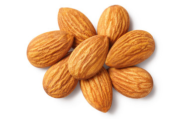 Delicious almonds, isolated on white background, top view
