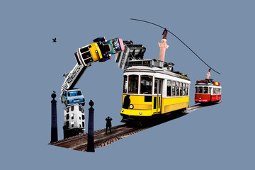 Art collage with old trams.
