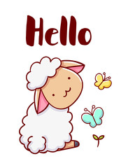 Cute sheep, hello, flower, illustration design, hand drawn isolated on white background