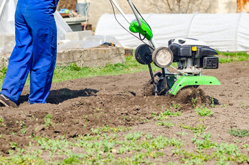 Young girl plows the land with a cultivator in spring garden