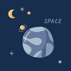 Single planet and starry sky in a open space. Flat vector illustration. Kids space template.
