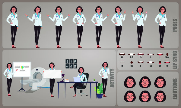 Flat woman Doctor character Set. Collection of character body Poses, facial gestures, medical activities and Lip syncs poses. Ready-to-use and animate, character set. Vector illustration.