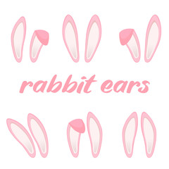 Easter bunny ears stickers collection. Set of masks Rabbit pink ear isolated on background. Vector illustration