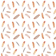 Seamless pattern with feathers, watercolor illustration