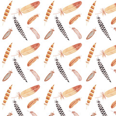 Seamless pattern with feathers, watercolor illustration