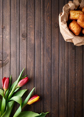 Kazakh baursaks and tulips on Nauryz festival