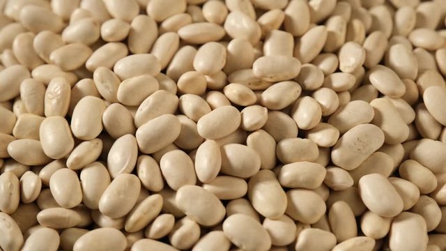Food video of dried uncooked white beans, rotating. Raw cereal. Macro.