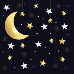 Vector luxury black background with gold stars and moon. Vector illustration