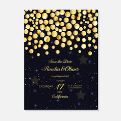 Gold Wedding Invitation, save the date, thank you, rsvp card Design template.  Fairytale magic card. Vector illustration