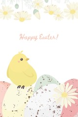 Easter spring templates with cute flowers and painted eggs. For romantic and easter design, announcements, greeting cards, posters, advertisement.