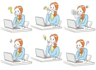 パソコン　女性表情セット　手描きイラスト